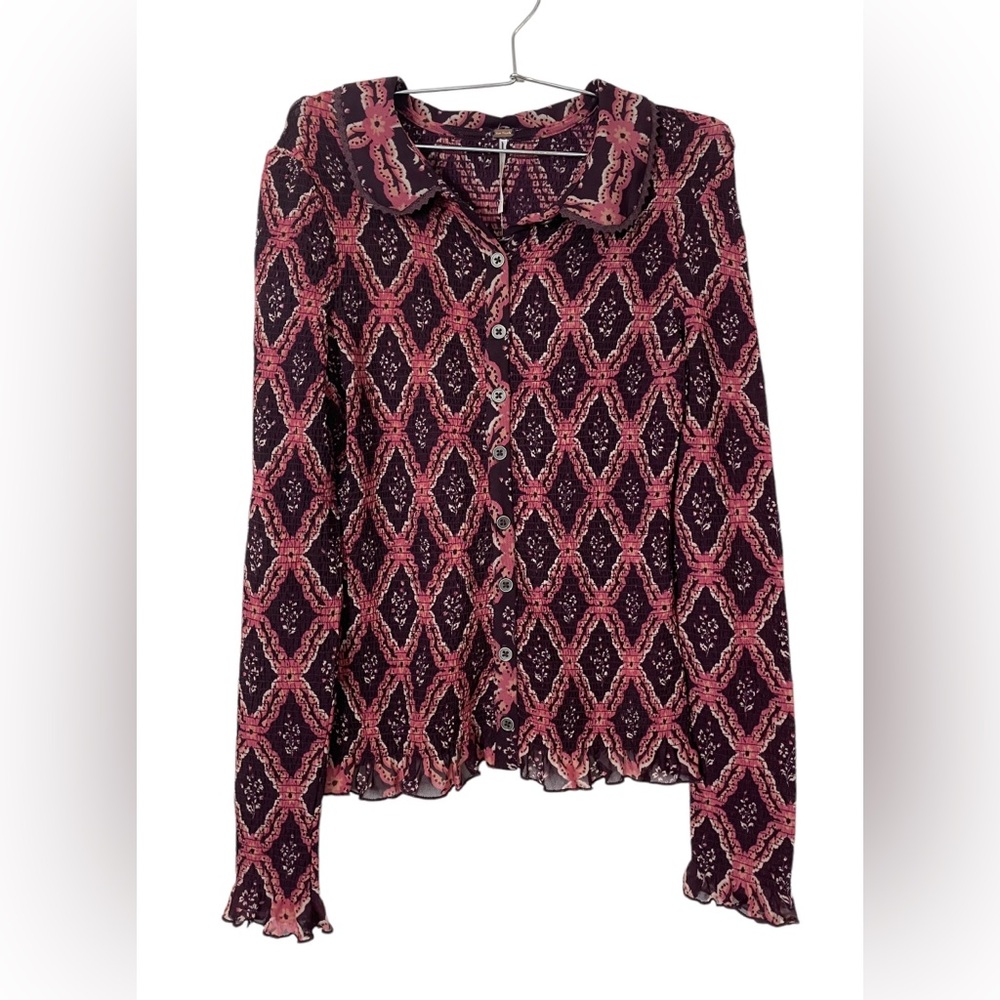 Free People Caught A Feeling Cardi Chocolate Combo NWOT Button Up Blouse Sz S